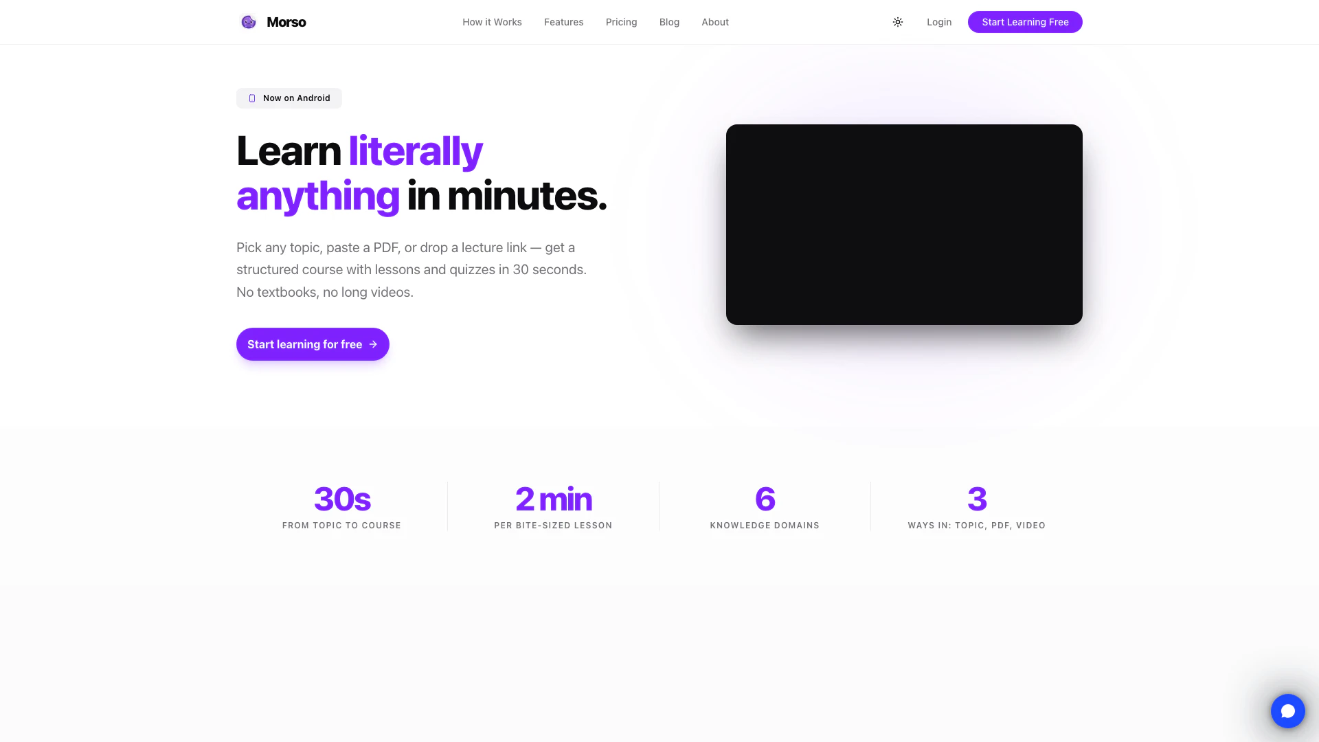 Morso website screenshot showing Morso is a free AI study app that turns ... interface and features