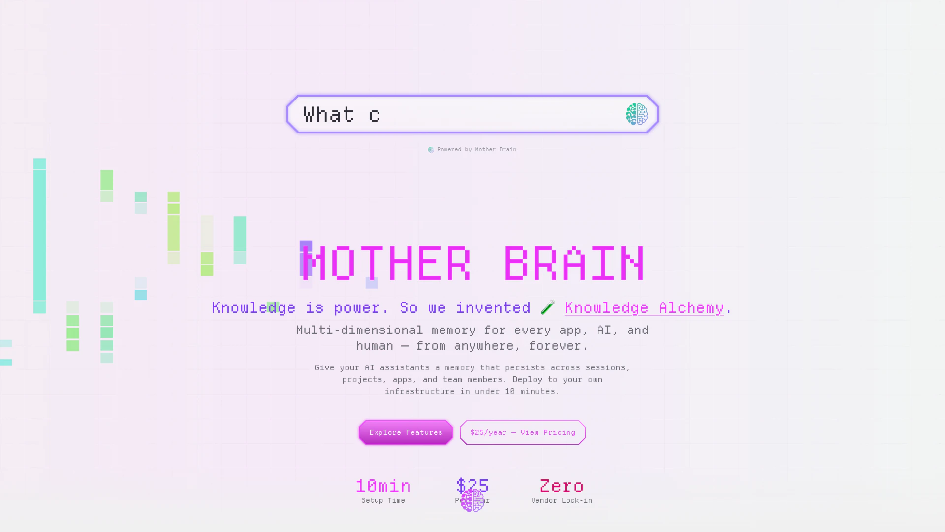 Motherbrain website screenshot showing Mother Brain provides your AI with a per... interface and features