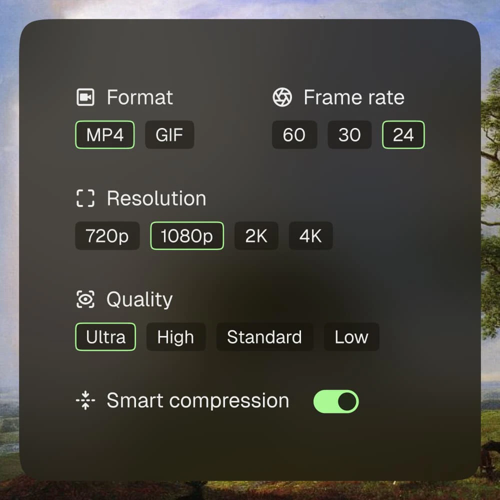 Motion export engine showcasing video export options