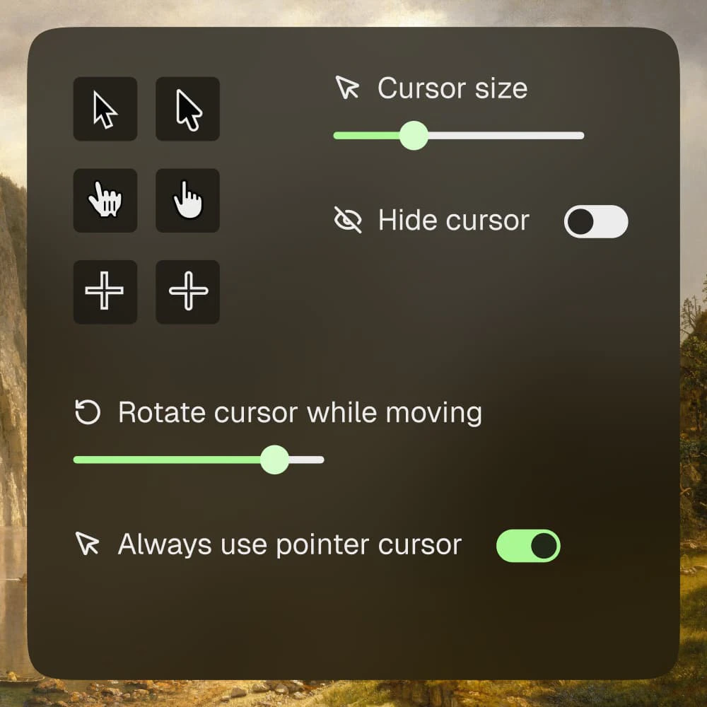 Motion product interface highlighting cursor settings