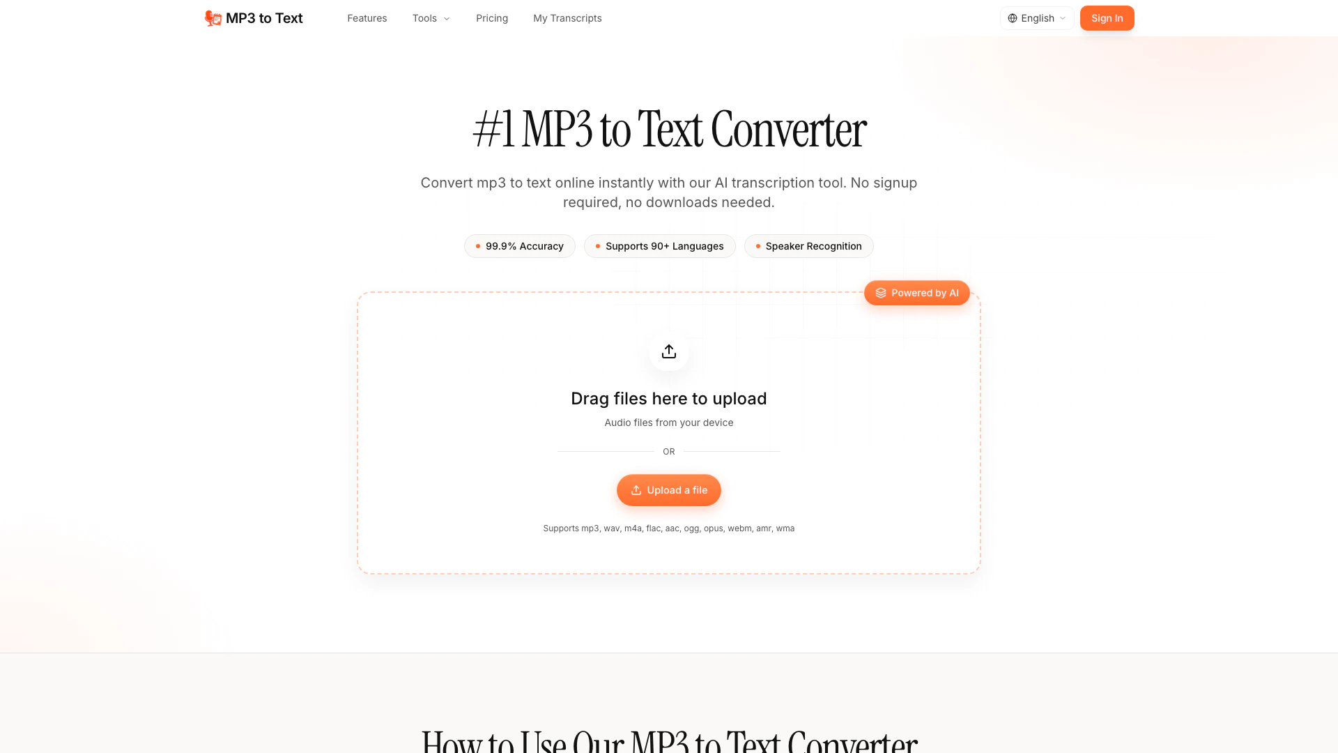 Mp3 To Text website screenshot showing Mp3 To Text 是全球第一的 AI 驅動工具,可以將 MP3 音頻文件轉... interface and features