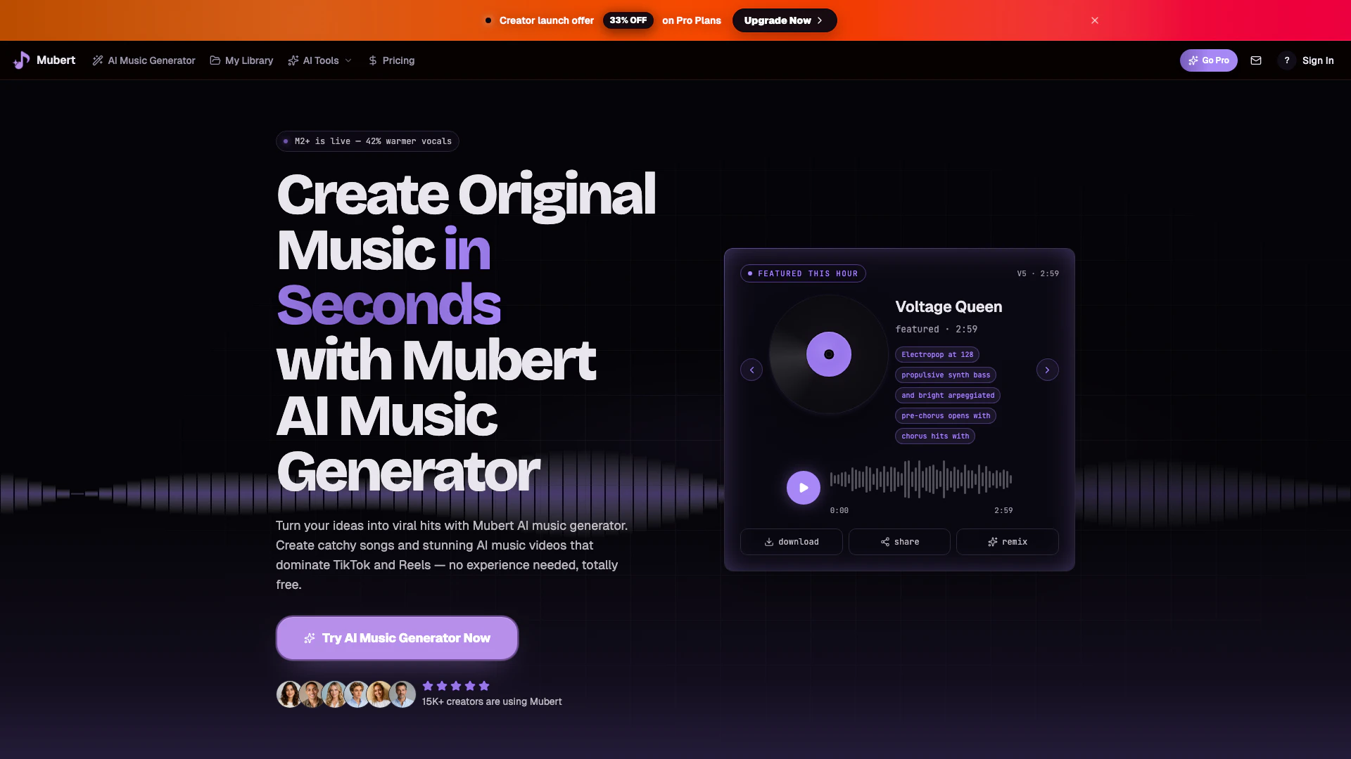 Mubertai website screenshot showing Crea música original al instante con Mub... interface and features