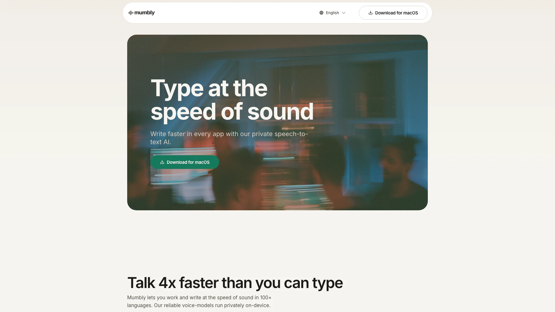 Mumblyai website screenshot showing Write faster in every app with Mumbly, o... interface and features