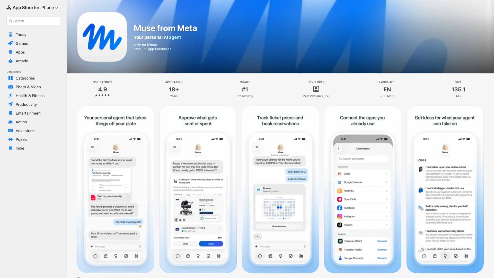 Muse AI - iOS App website screenshot showing Muse is your personal AI agent that gets... interface and features