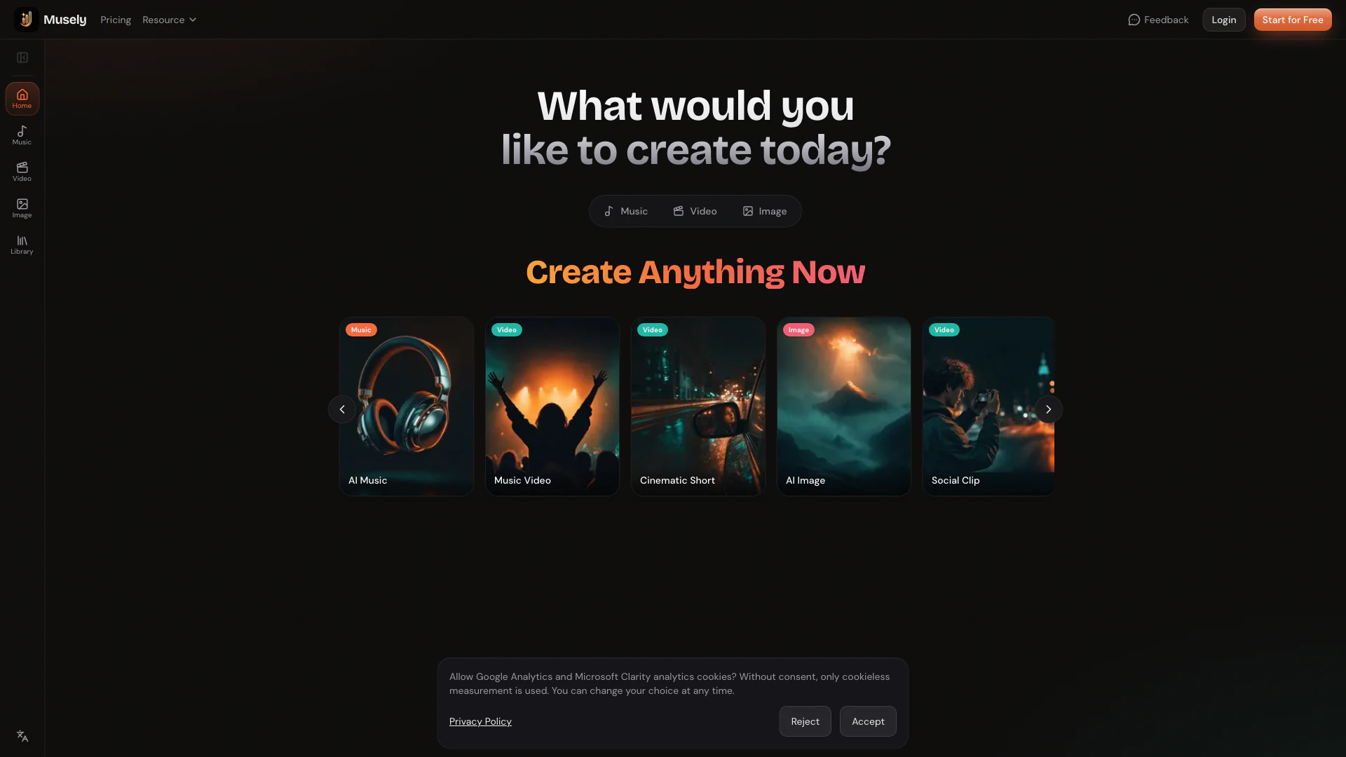 Musely website screenshot showing Create music, video, and images with AI. interface and features