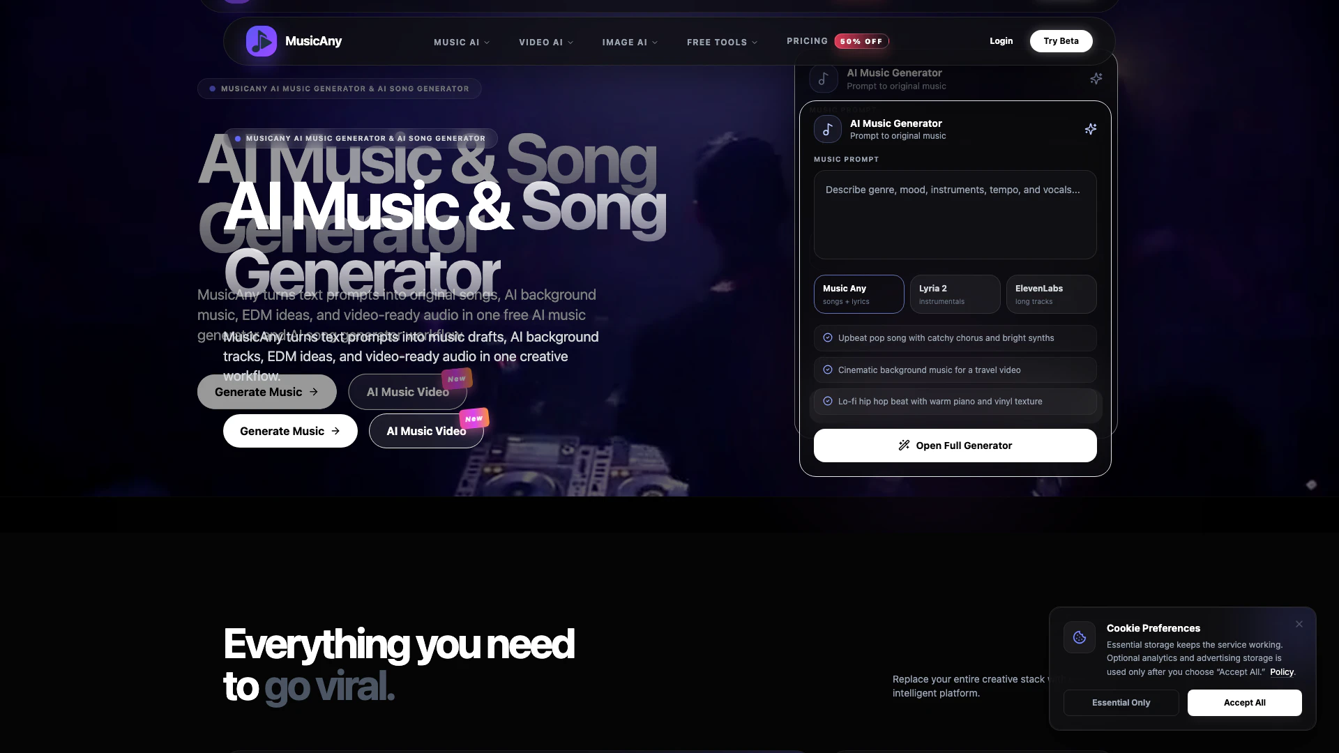 Musicany website screenshot showing MusicAny is an AI music generator and AI... interface and features