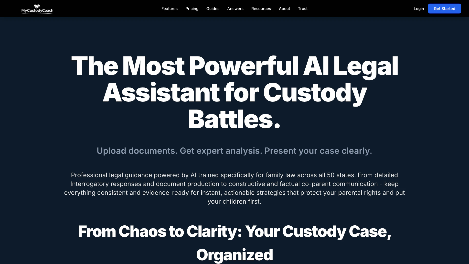 Mycustodycoach website screenshot showing MyCustodyCoach provides AI-powered custo... interface and features