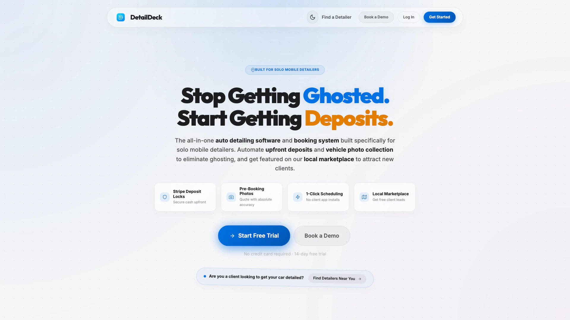 Mydetaildeck website screenshot showing Mydetaildeck is premium auto detailing b... interface and features