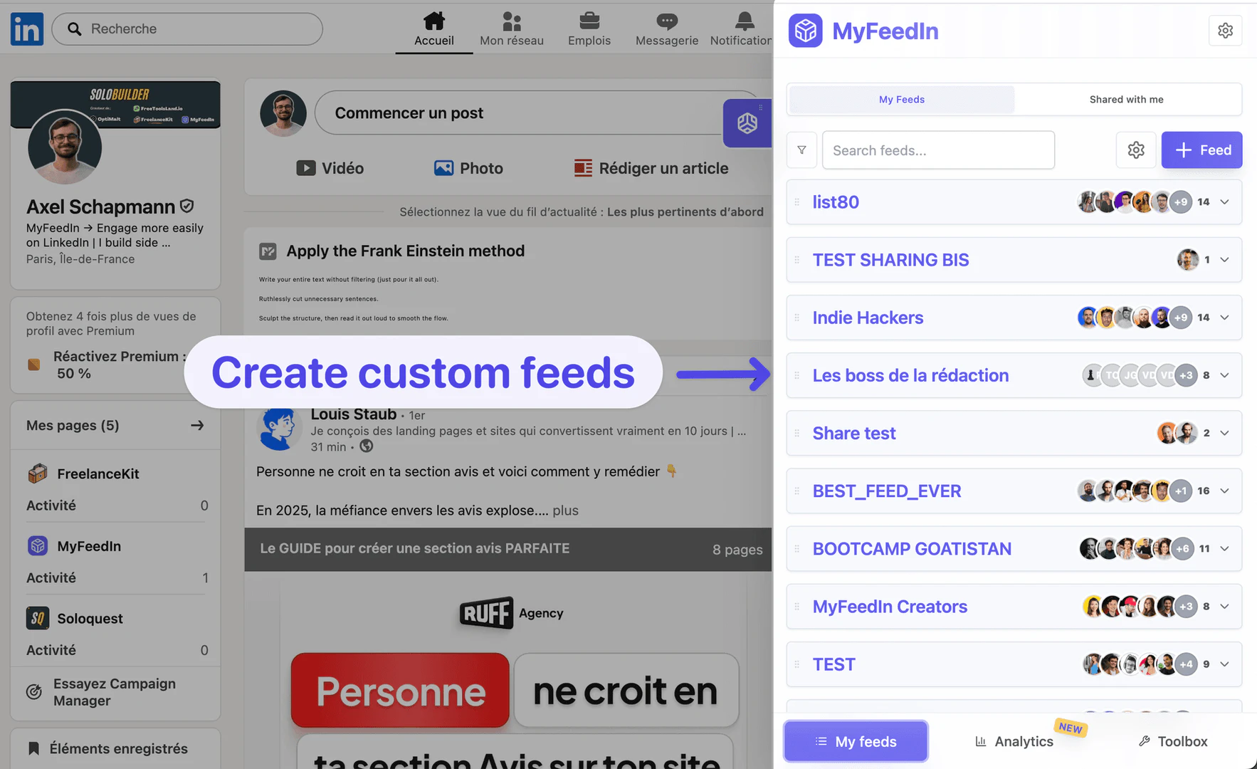 MyFeedIn custom feeds interface showing personalized LinkedIn content organization