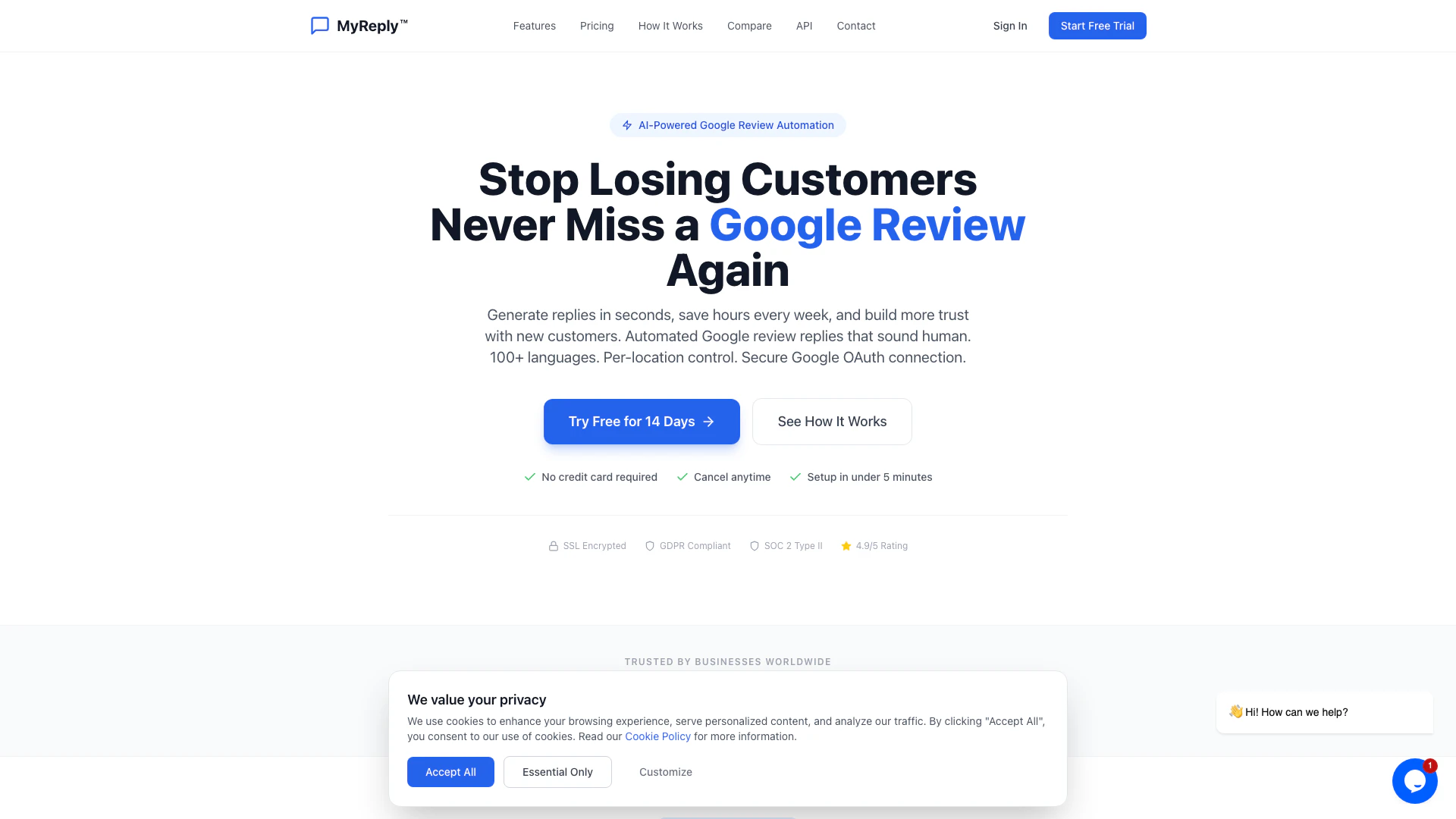 Myreply website screenshot showing MyReply automatically replies to your Go... interface and features