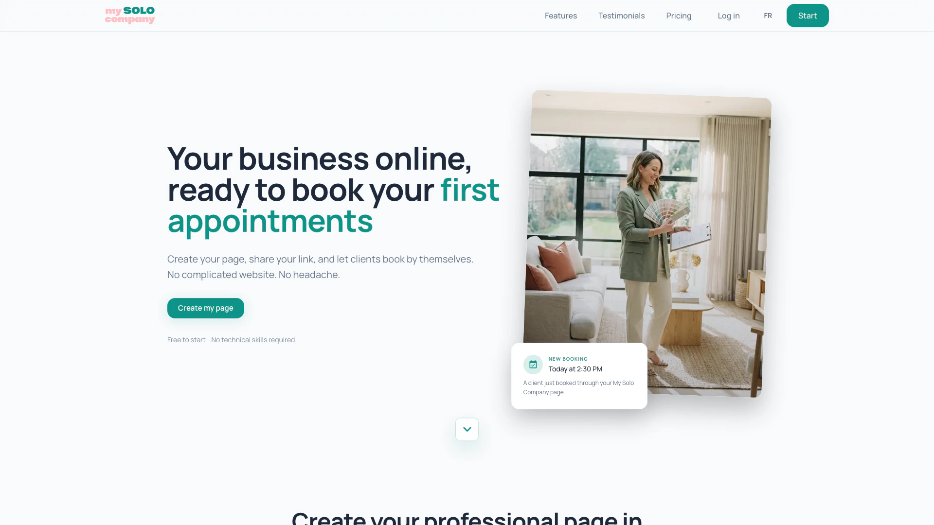 Mysolocompany website screenshot showing Create your online business presence in ... interface and features