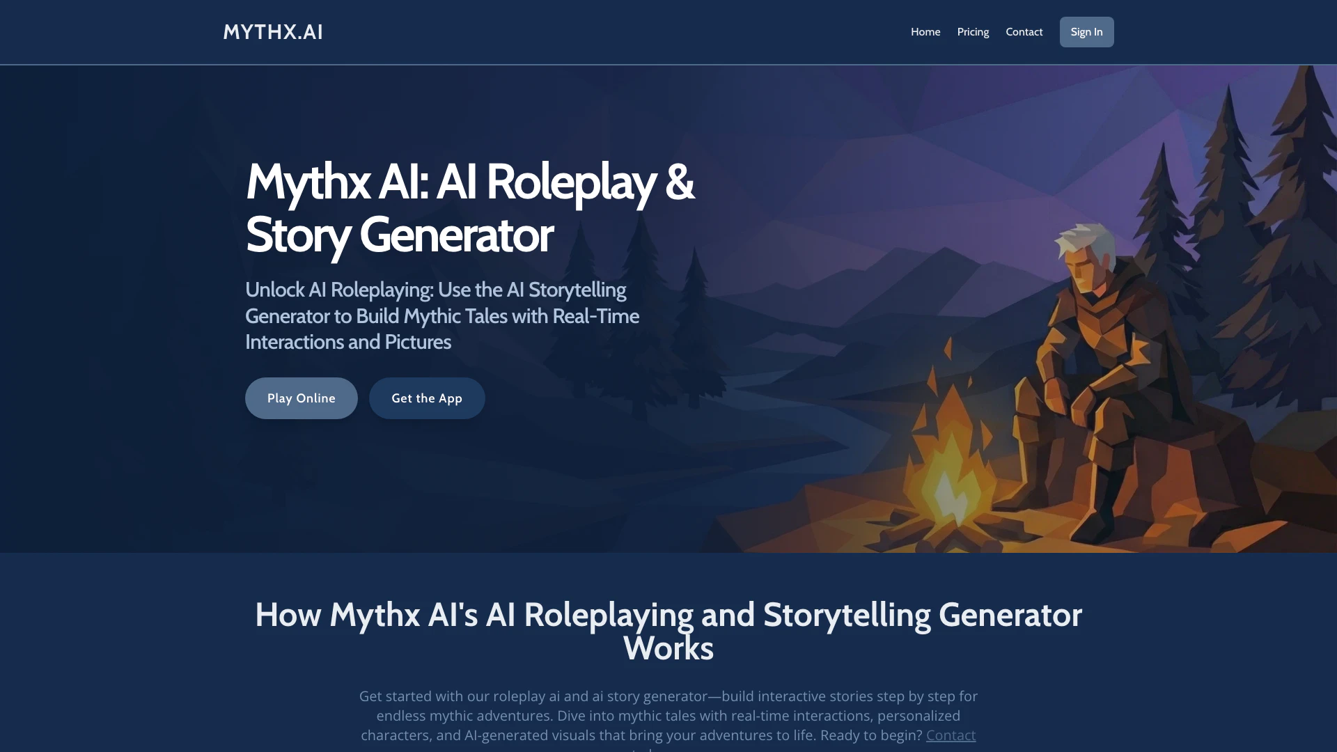 Mythxai website screenshot showing Create immersive AI-powered roleplay adv... interface and features