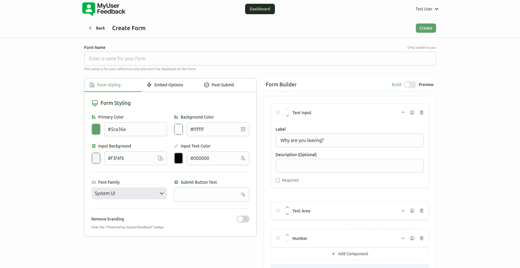 MyUserFeedback product interface showing form builder