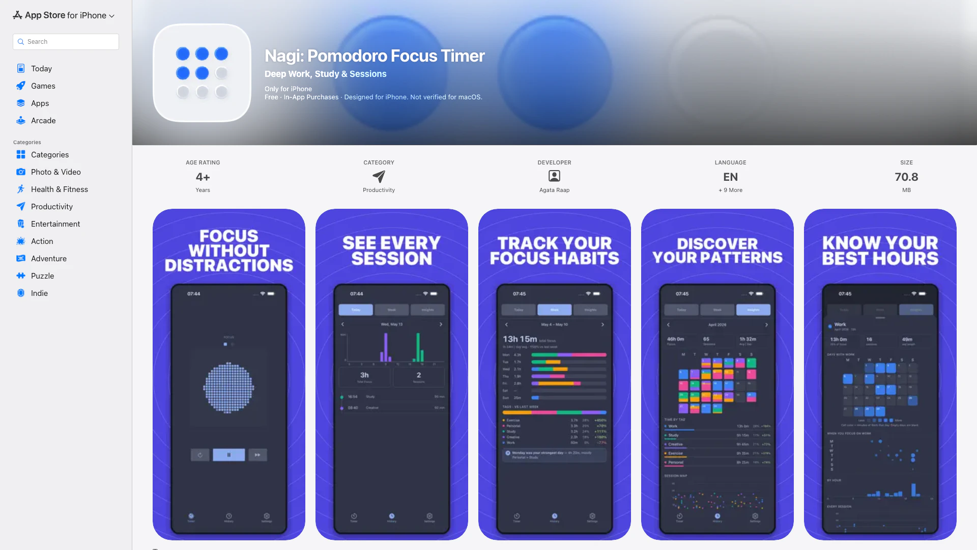 Nagi: Pomodoro Focus Timer - iOS App website screenshot showing Nagi is a unique Pomodoro focus timer th... interface and features
