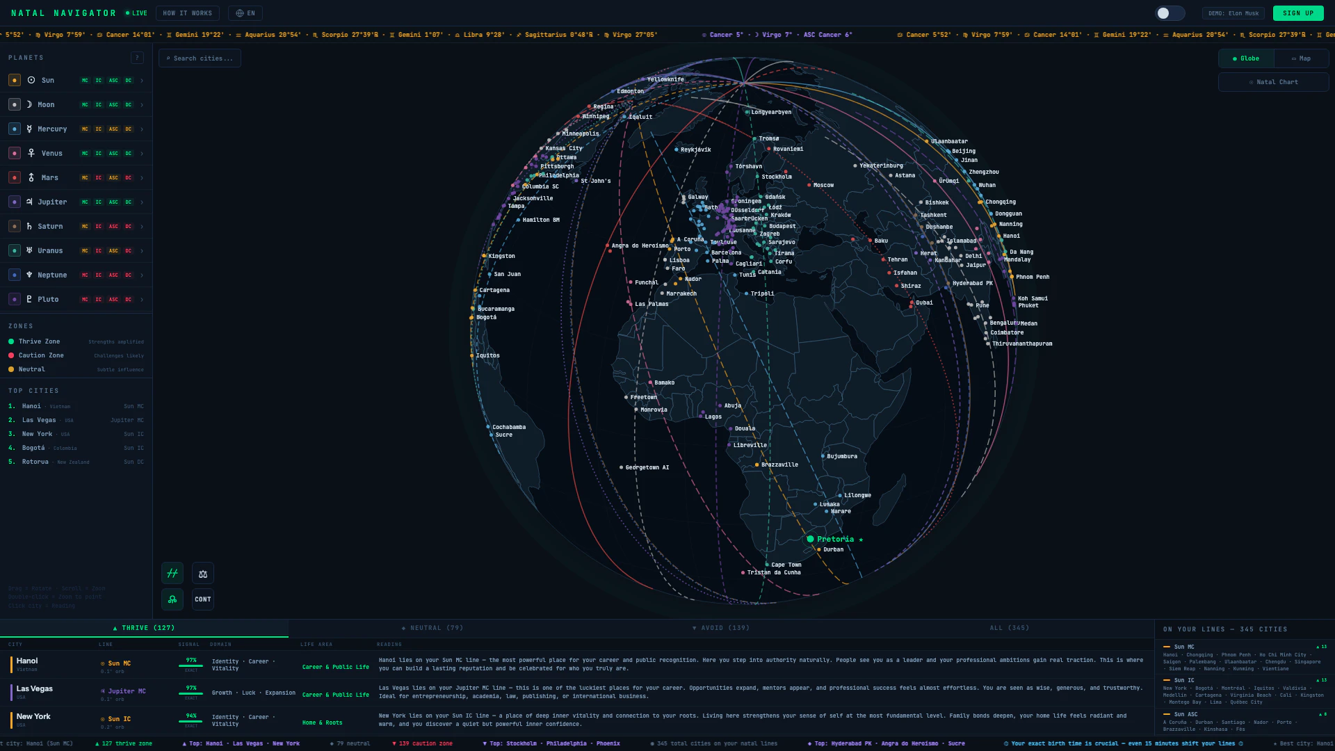 Natalnavigator website screenshot showing Turn your birth chart into a living map ... interface and features