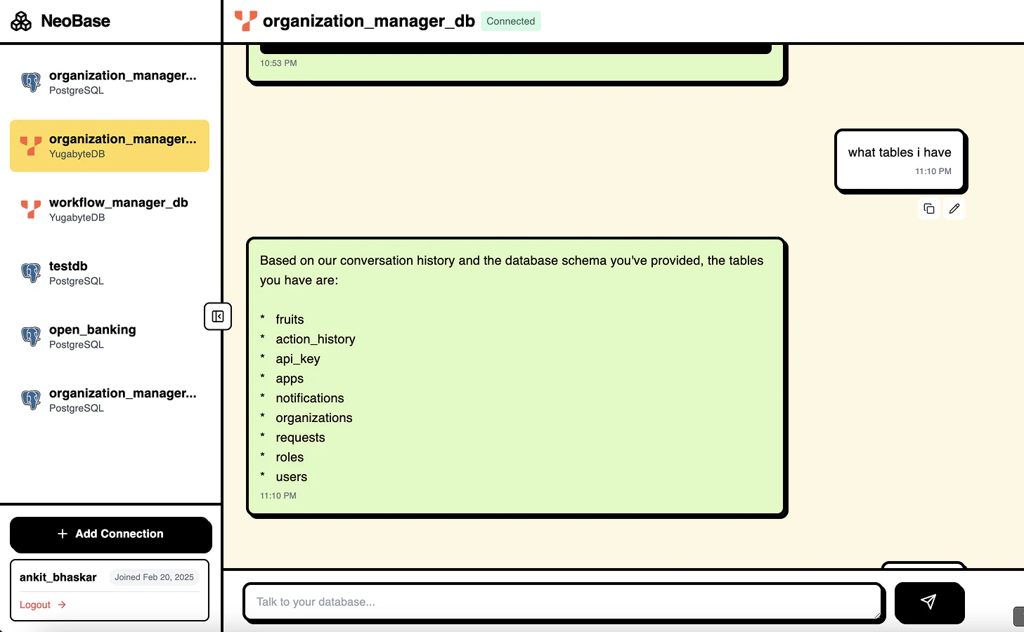NeoBase interface for visualizing results