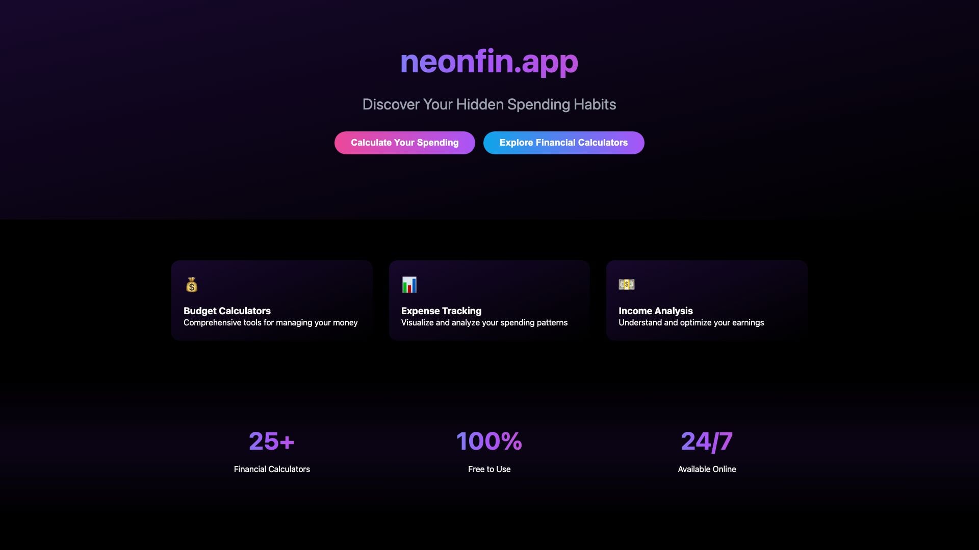 Neonfin website screenshot showing NeonFin - Suite de Calculatrices Financi... interface and features