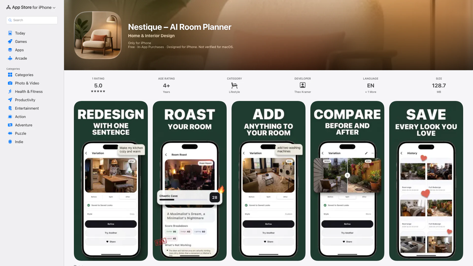 Nestique – Ai Room Planner - iOS App website screenshot showing Nestique helps you visualize room change... interface and features