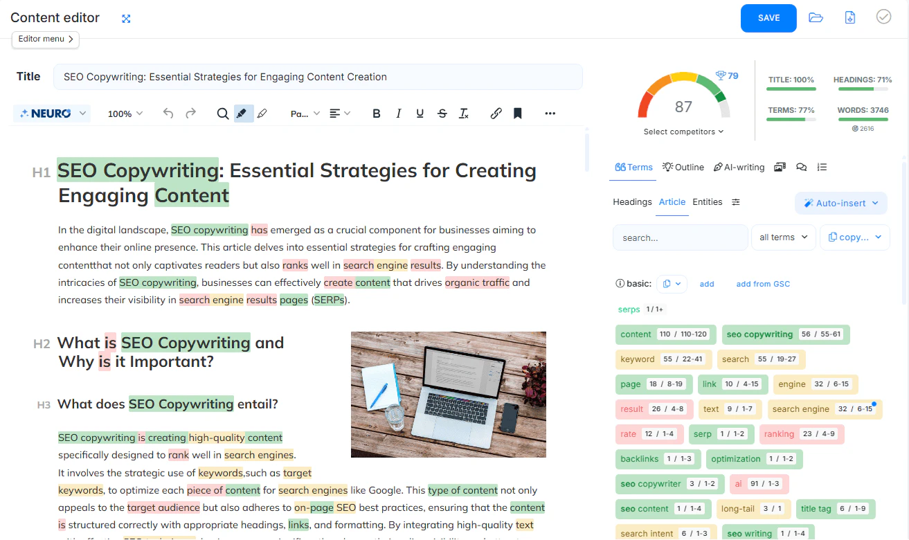 NEURONwriter product overview with SEO tools