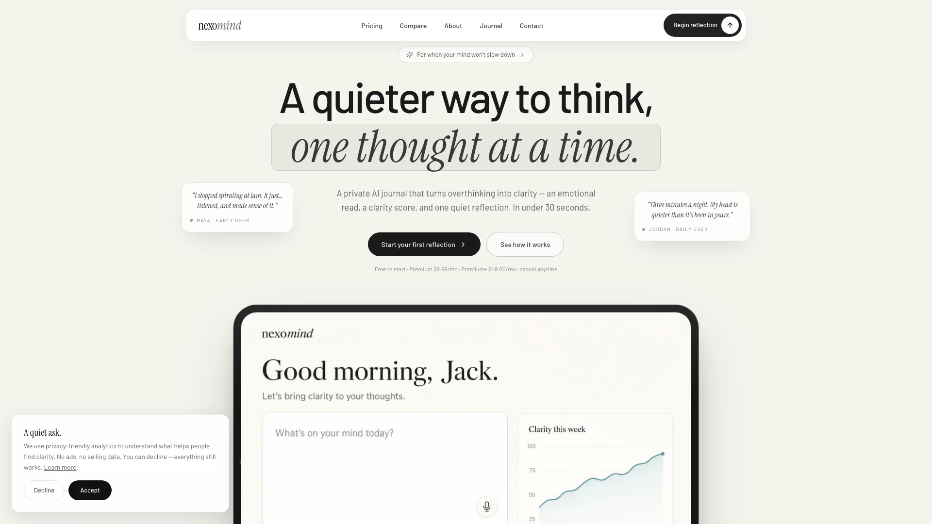 Nexomindai website screenshot showing NexoMind is a private AI journaling app ... interface and features