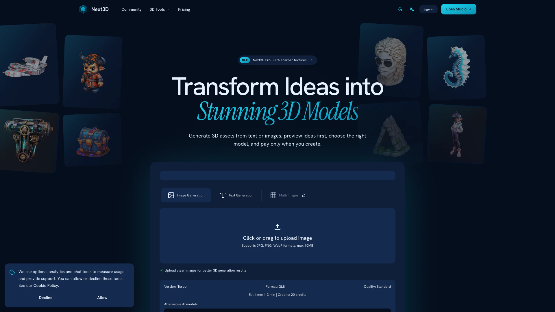 Next3dai website screenshot showing Create stunning 3D models online with Ne... interface and features