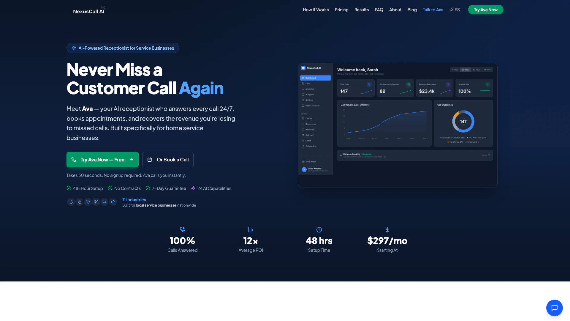 Nexuscallai website screenshot showing Meet Ava, your AI receptionist that answ... interface and features