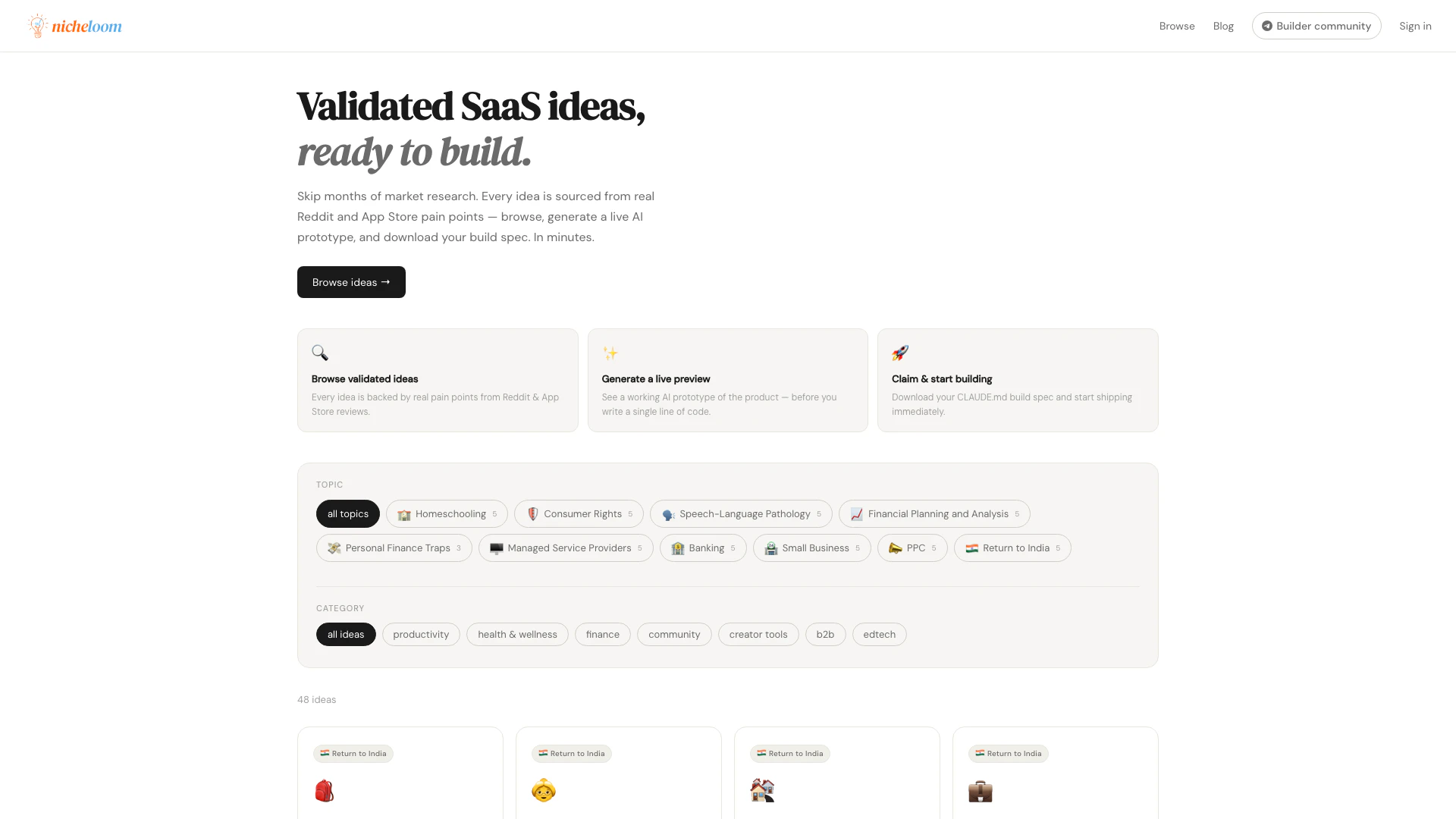 Nicheloom website screenshot showing Discover validated niche SaaS ideas base... interface and features
