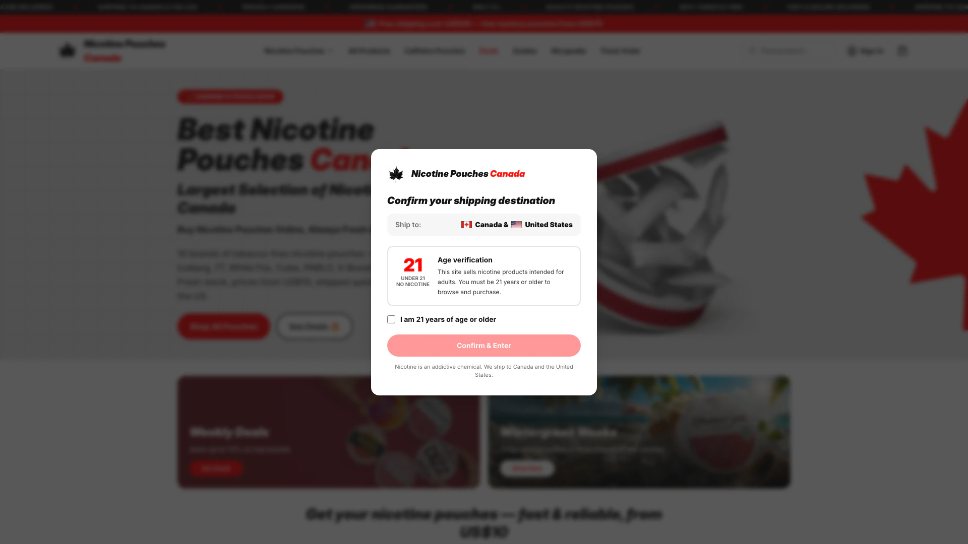 Nicotinepouchescanada website screenshot showing 从VELO、ZEUS、XQS、Rush等品牌购买无烟尼古丁袋,快速发货到加拿大和... interface and features