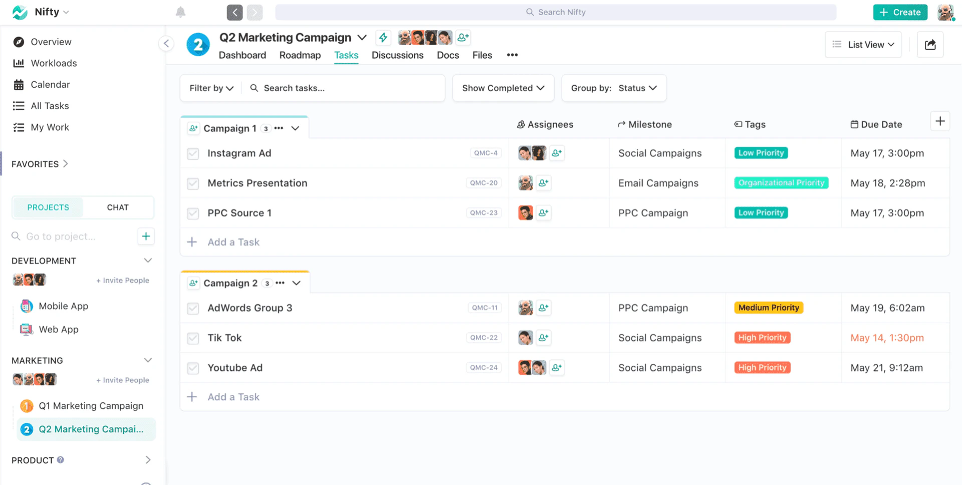 Nifty tasks management screenshot