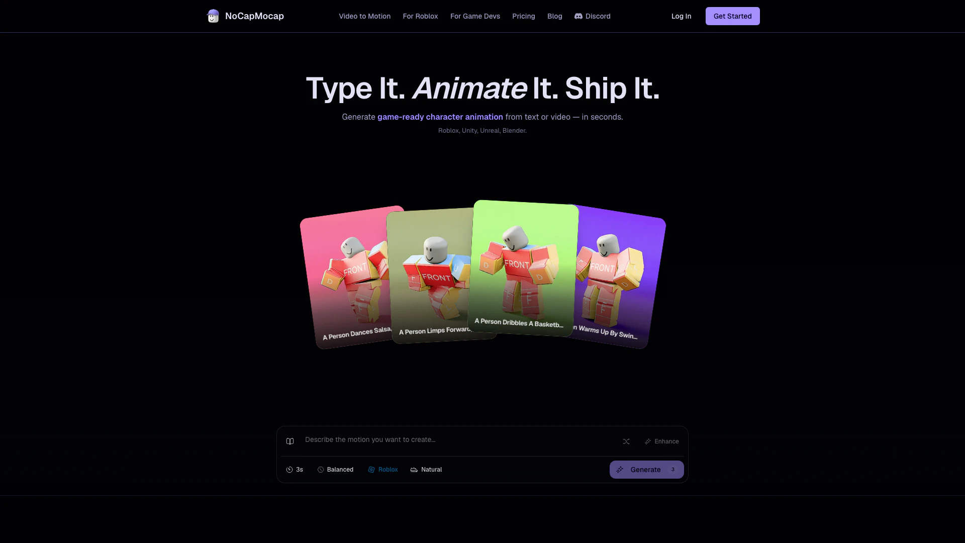 Nocapmocap website screenshot showing Genera animaciones de personajes listas ... interface and features