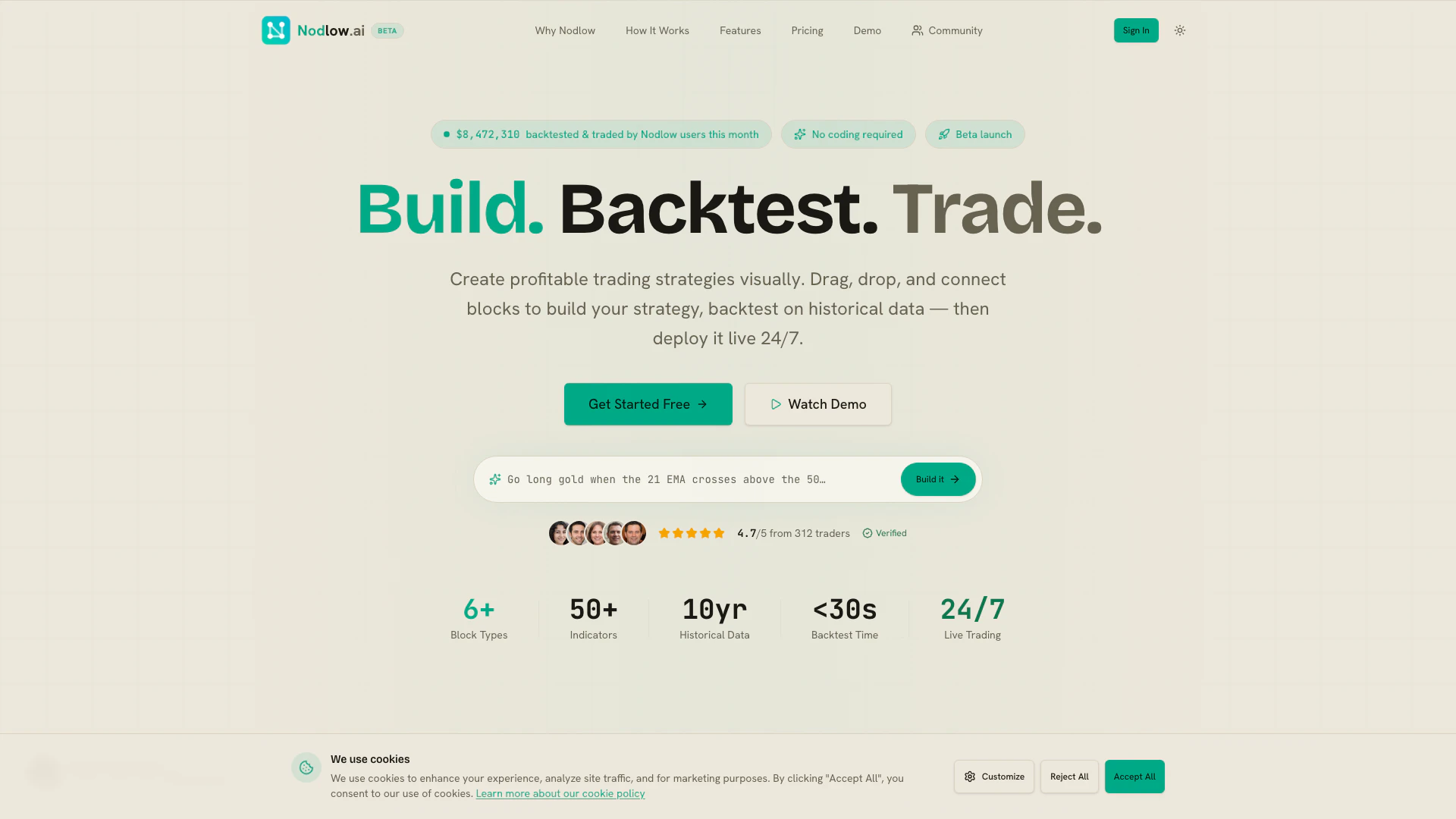 Nodlowai website screenshot showing Build and backtest trading strategies vi... interface and features