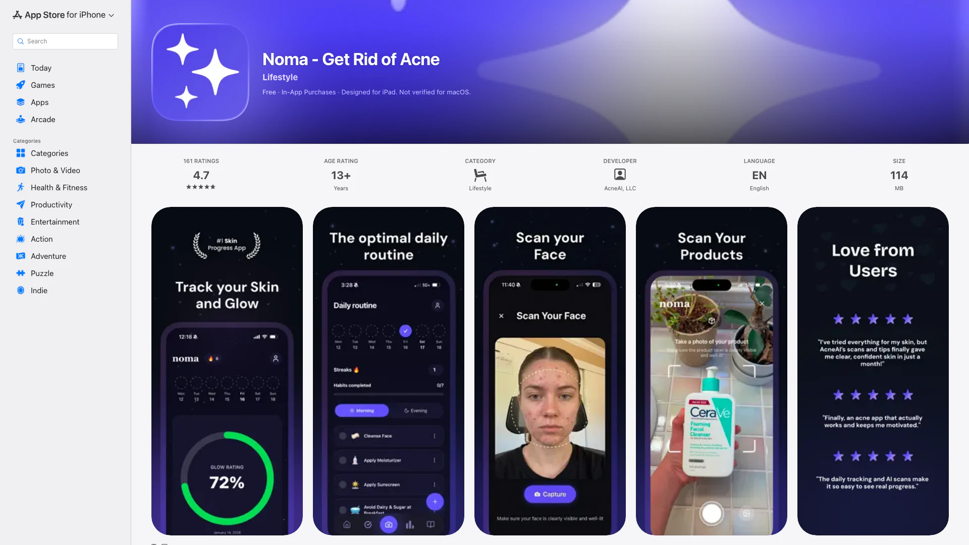 Noma Get Rid Of Acne - iOS 앱 website screenshot showing Noma는 개인 AI 여드름 코치입니다. 얼굴을 스캔하고 여드름을 추적하... interface and features