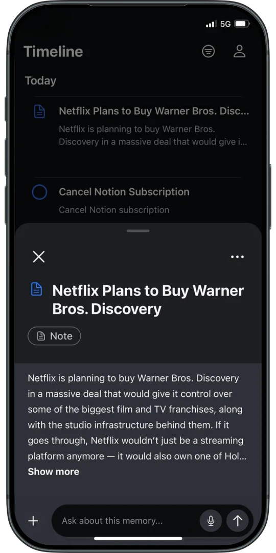 NoteDock app interface displaying organized memories