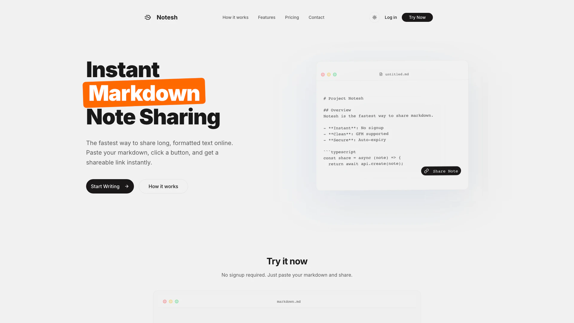 Notesh website screenshot showing Notesh is the fastest way to share markd... interface and features