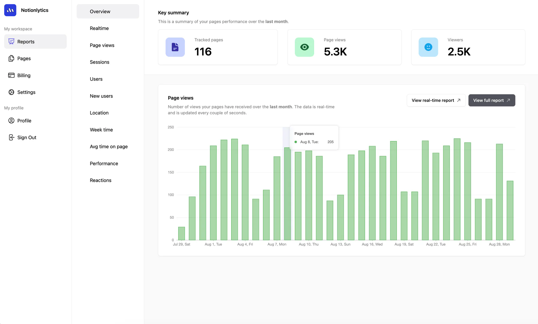 Notionlytics product interface overview