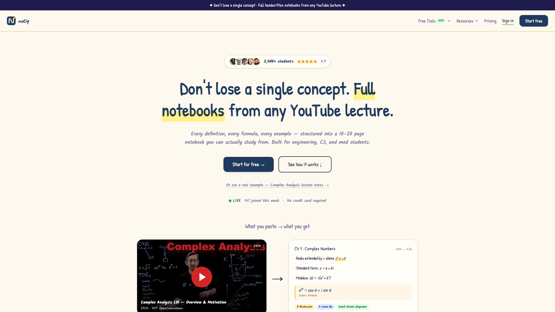 Notiq website screenshot showing Notiq transforms YouTube videos into str... interface and features
