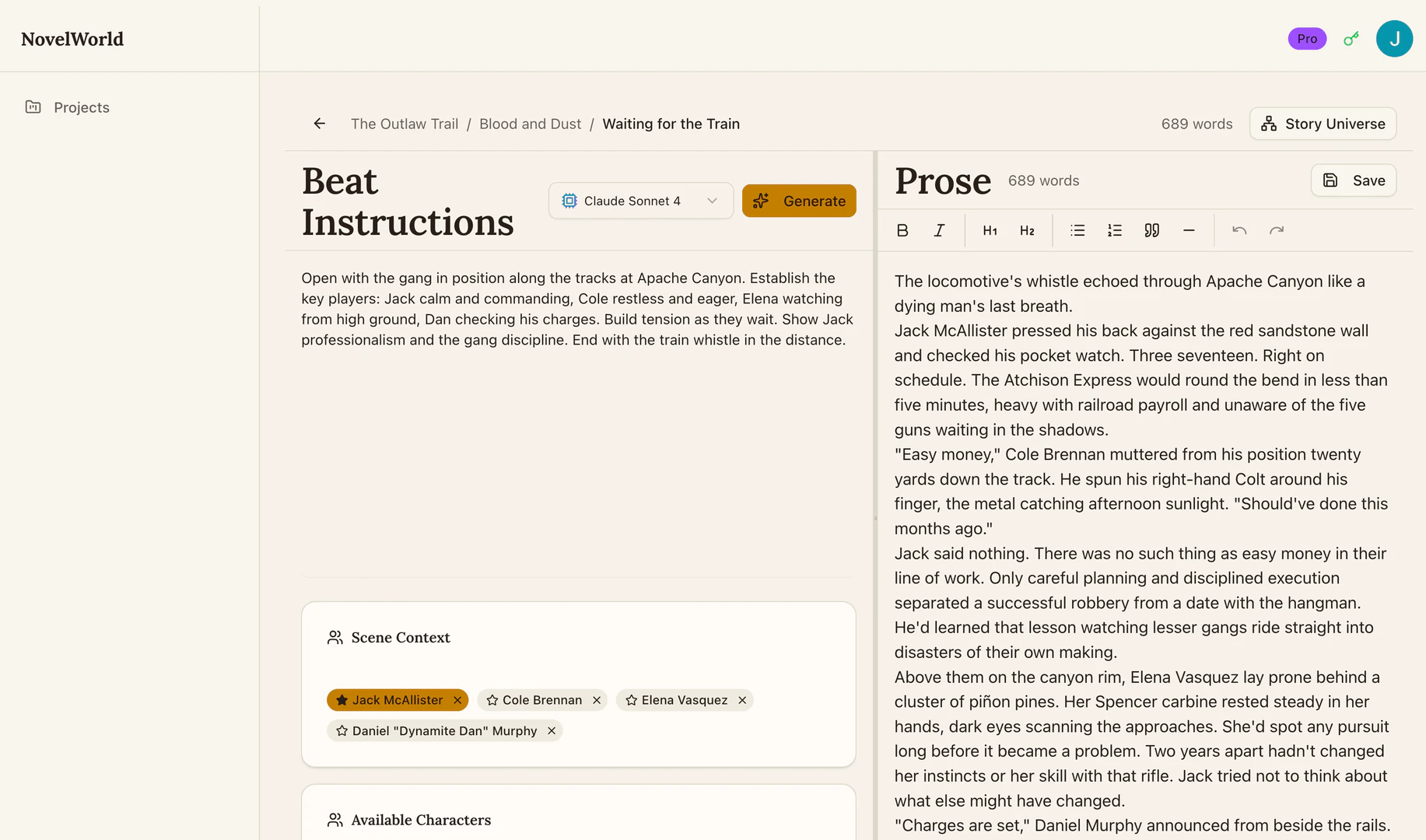 Scene writing editor with AI assistance in NovelWorld