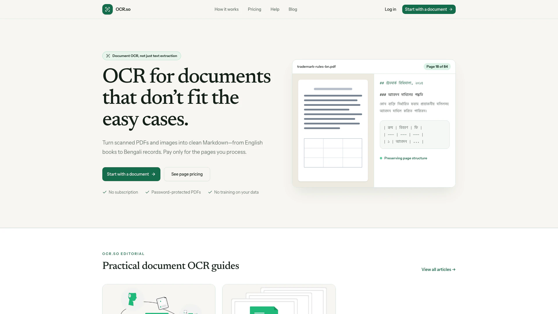 Ocr website screenshot showing Accurate multilingual OCR for documents,... interface and features