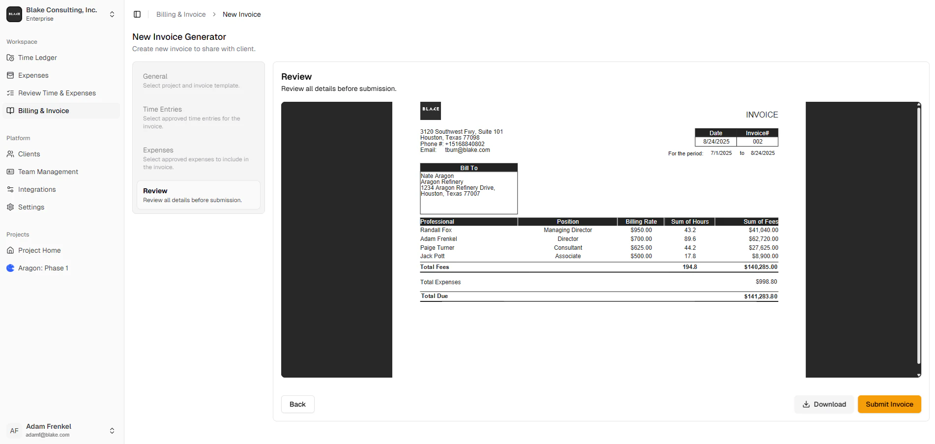 Octayne PSA invoice generator feature demonstration
