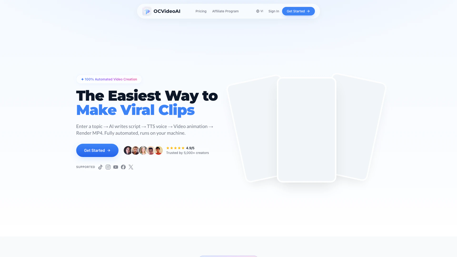 Ocvideoai website screenshot showing 使用OCVideoAI将任何主题转化为病毒式AI视频，AI会自动编写脚本并生成动... interface and features