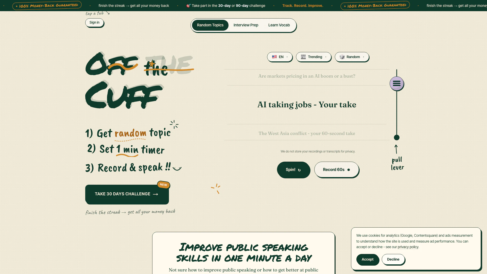 Offthecuffspeech website screenshot showing Offthecuffspeech helps you enhance your ... interface and features