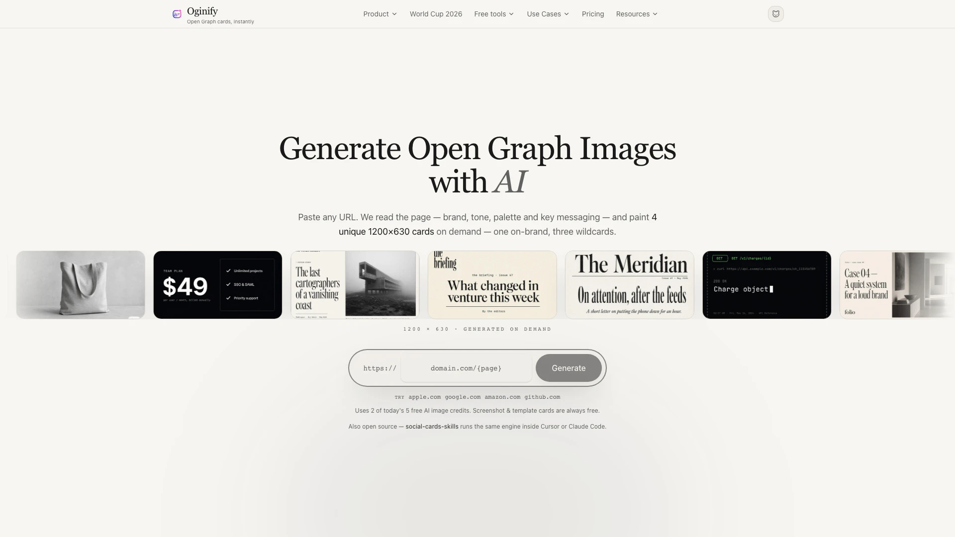 Oginify website screenshot showing Oginify generates four unique Open Graph... interface and features