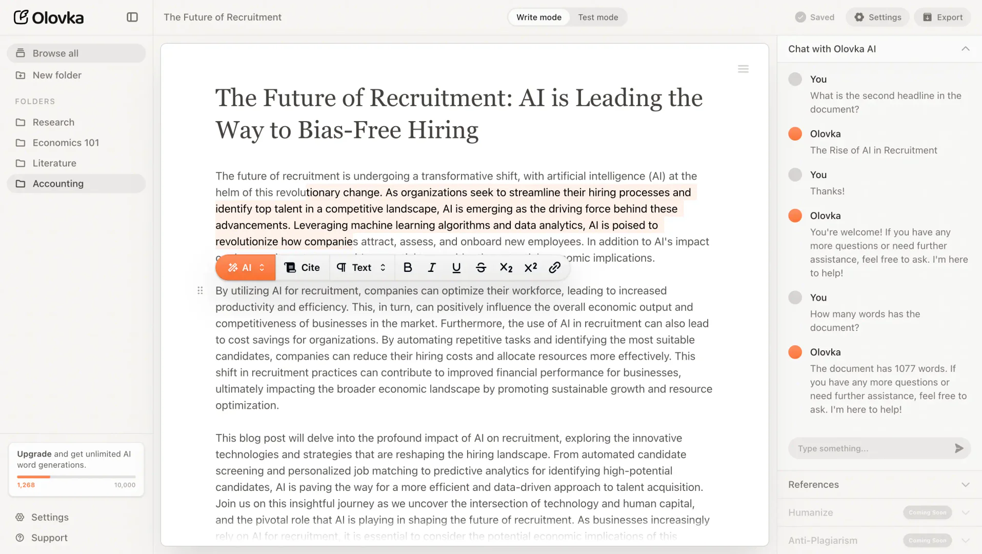 Olovka AI Essay Writer product interface