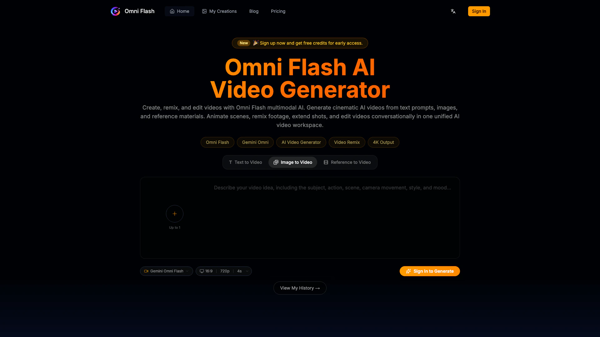 Omniflash Ai website screenshot showing Crea impresionantes videos generados por... interface and features