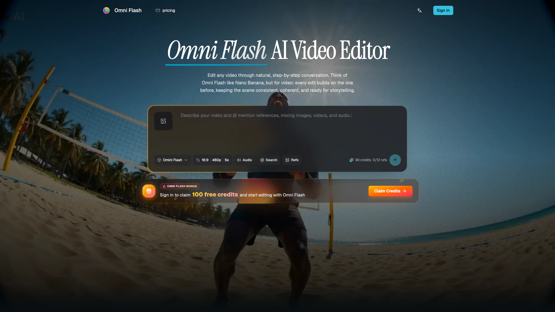 Omniflashai website screenshot showing Omni Flash 是一款創新的視頻編輯工具,允許用戶通過自然對話和基於參考的... interface and features