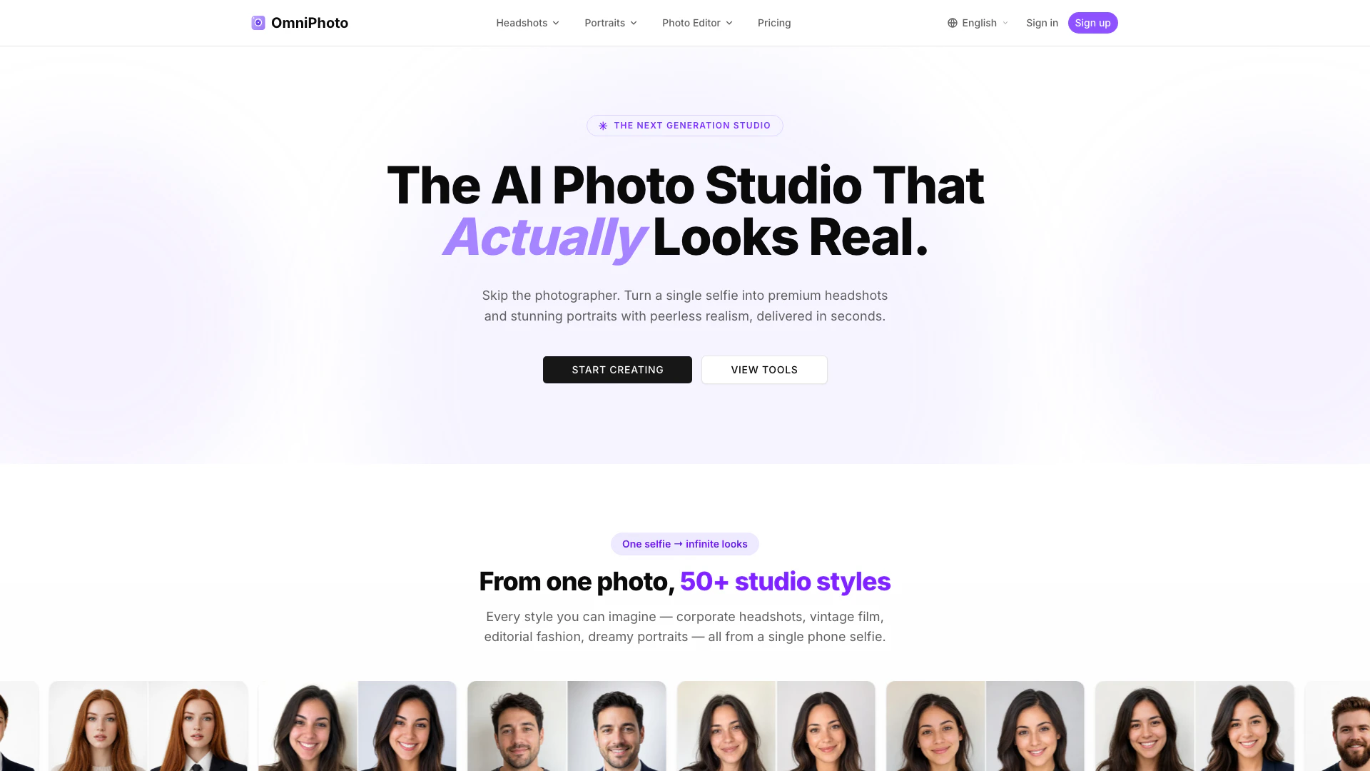 Omniphotoai website screenshot showing Transform any selfie into professional A... interface and features