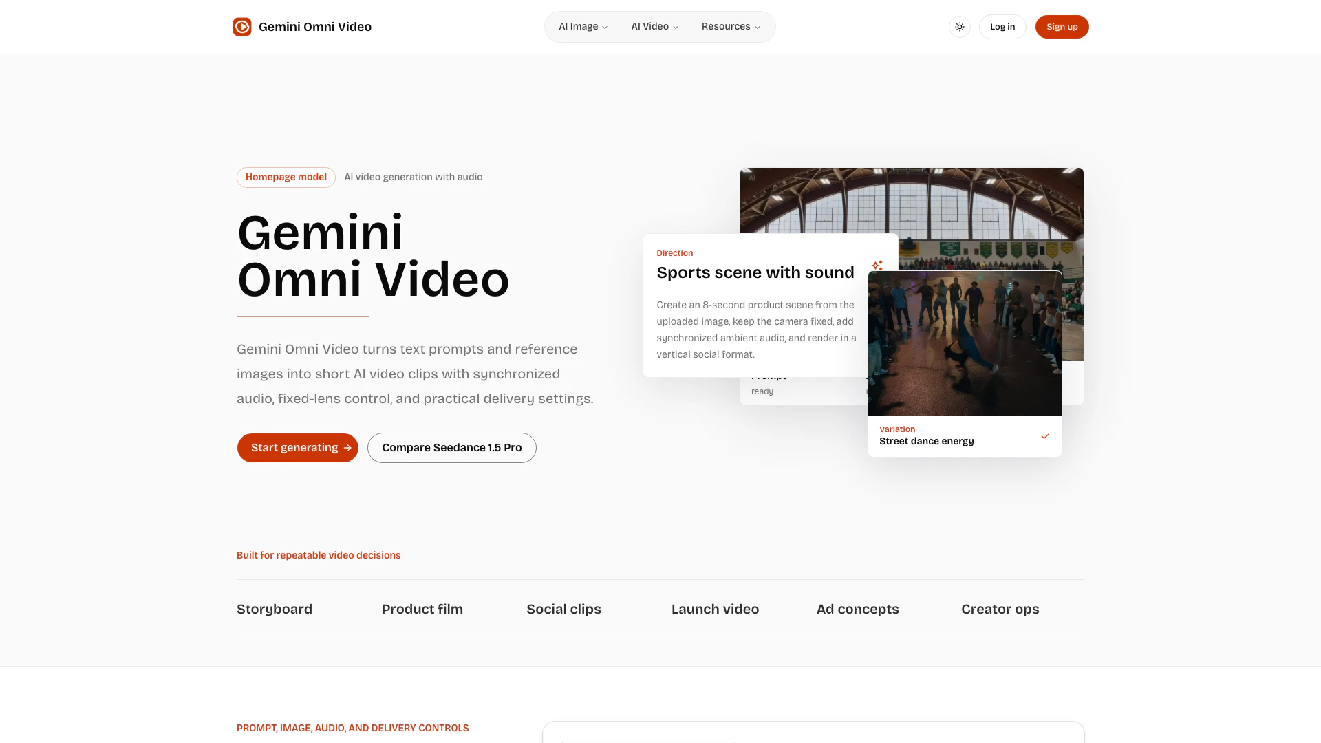 Omnivideoaiai website screenshot showing Crea impresionantes clips de video gener... interface and features