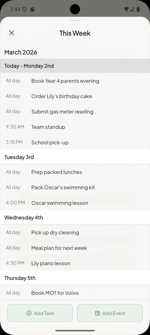 Onehaus weekly planning view showing tasks and events by day