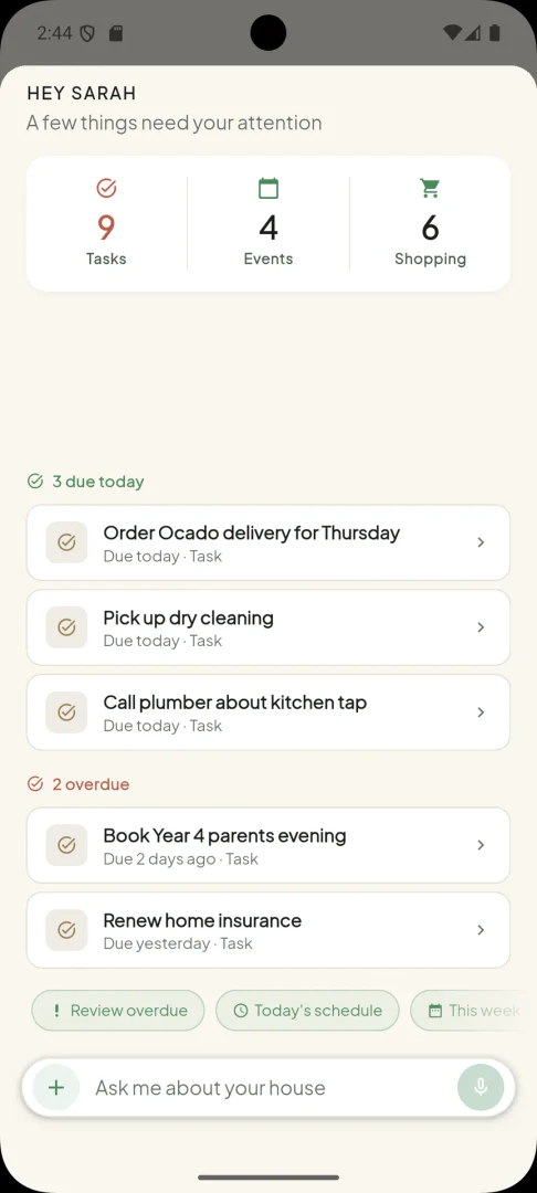 Onehaus product interface showing today's tasks and household stats