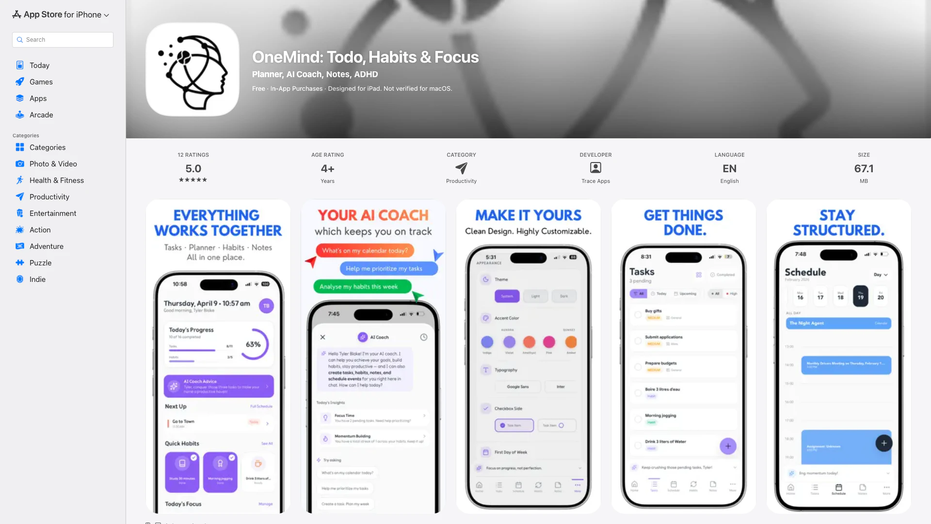Onemind: Todo, Habits & Focus - iOS 应用 website screenshot showing OneMind是您一体化的生产力应用程序,整合了任务、习惯、笔记、日历和专注计时... interface and features